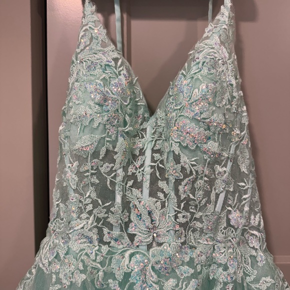 Elegant Green Floral Sparkly A-Line Laceup Back Woodland Forest Evening Gown - Picture 4 of 5